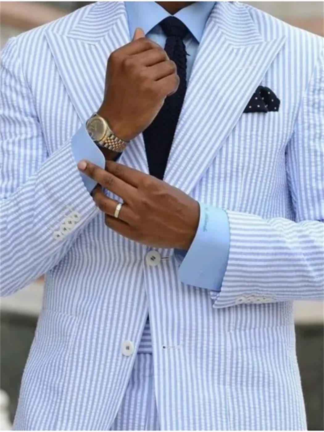 2 Pieces  Casual Men Suits Seersucker Stripe Outfits Custom Wedding Groom Tuxedo Peaked Lapel Jacket + Pants