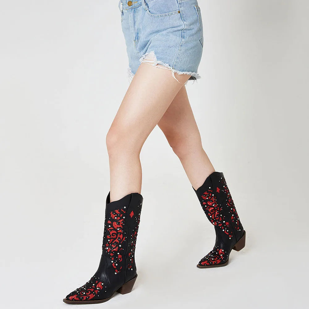 Rhinestone Western Mid-Calf Boots For Woman Block Mid Heel Pull-On Pointed Toe Hollow Out Retro Cowboy Boots