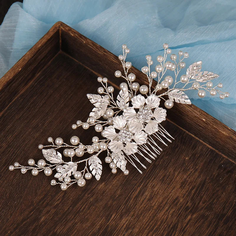 Silver Color Flower Pearl Rhinestone Hair Comb Headband Hair Accessories For Women  Headband Hair Jewelry