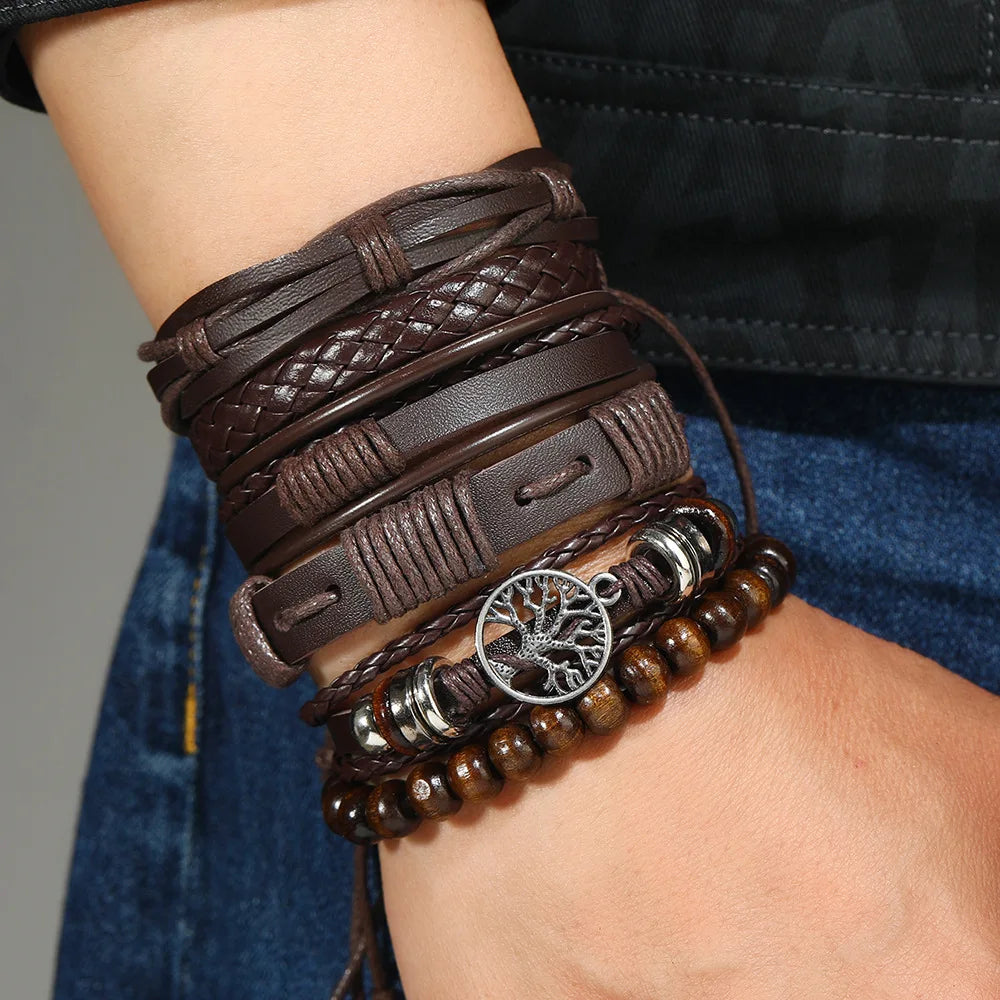 Casual Bead 6 Pc/set Tree Black Khaki Handmade Men Bracelets Male Women Leather Bracelets Men Bangle