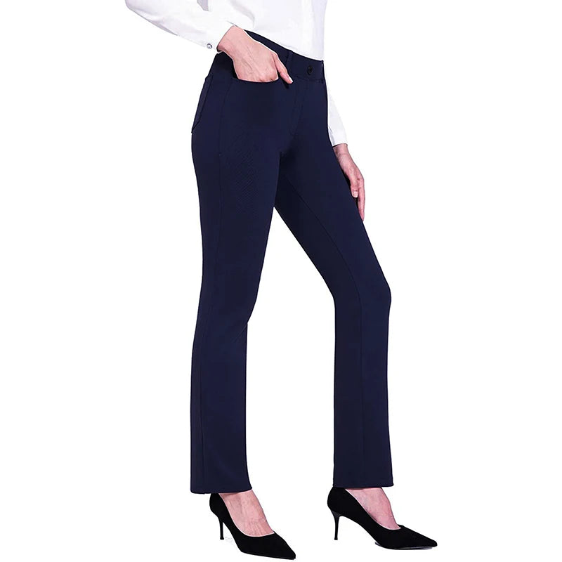 High Waist Slim Leg Pants Solid Color Elastic Flared Trousers with Pockets  Casual