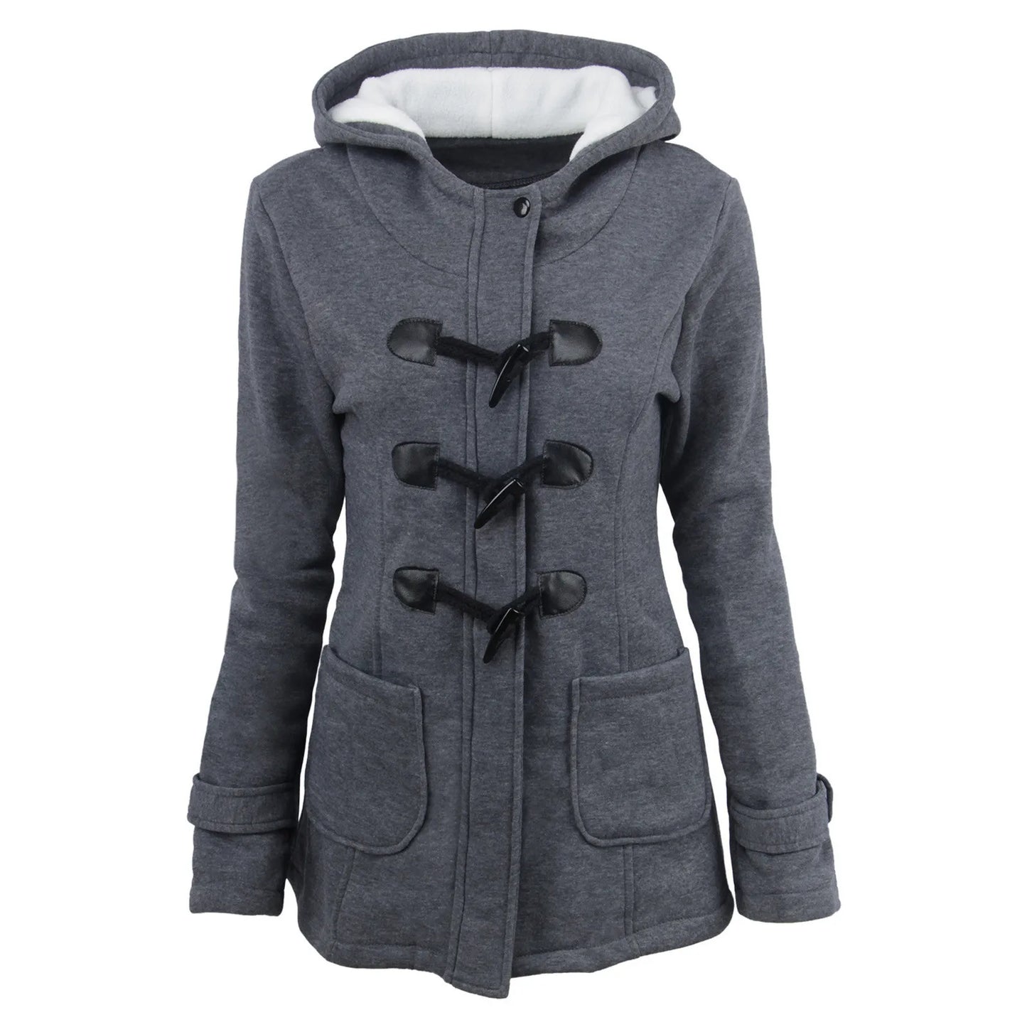 Padded Women Solid Color Hooded Overcoat  Horn Buttons Warm Cardigan Overcoat Jacket
