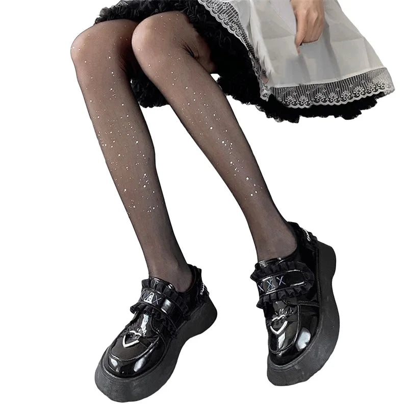 Rhinestone Embellished High Waist Sheer Mesh Tights with Soft Silk Stockings for a Glamorous Look