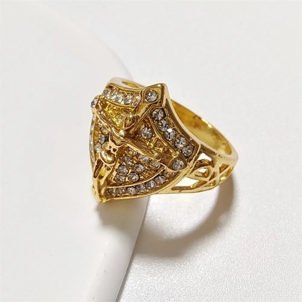 Punk Simple and Elegant Golden Jesus Cross Shield Men's Ring Zirconia Dazzling Motorcycle Men's Accessories