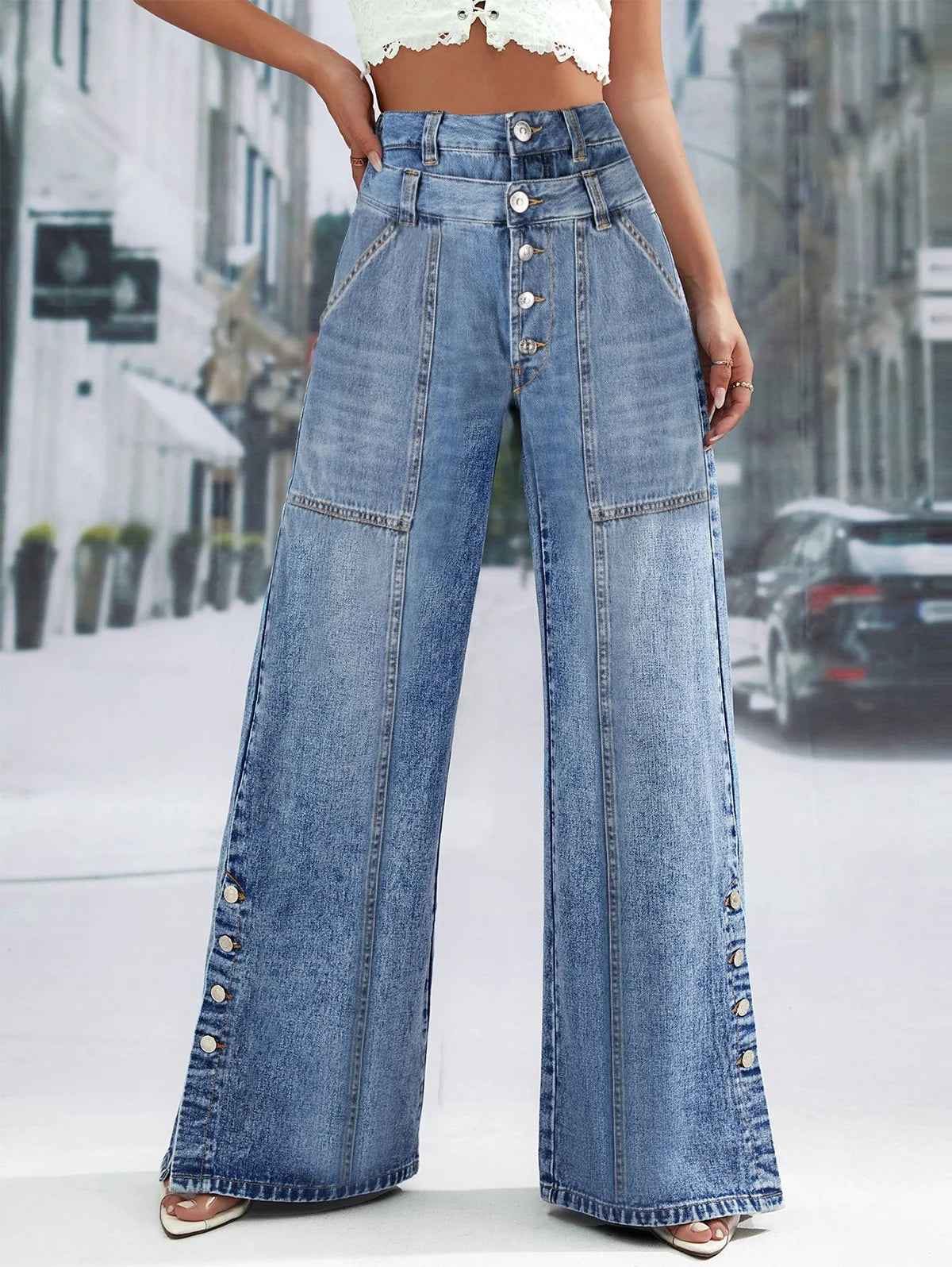 Plus Size Spliced Button Fly Denim Straight Wide Leg  Jeans Pockets High Waist Vintage Women Denim Jeans Casual Streetwear Trousers