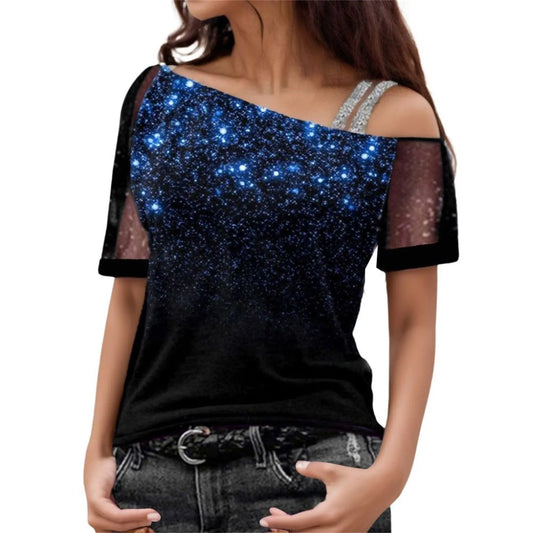Women Fashion Top Shirt Off Shoulder Top Sexy Glitter Short Sleeve Printed Elegant Shirt Loose Blouse Top Sleeve T Shirt