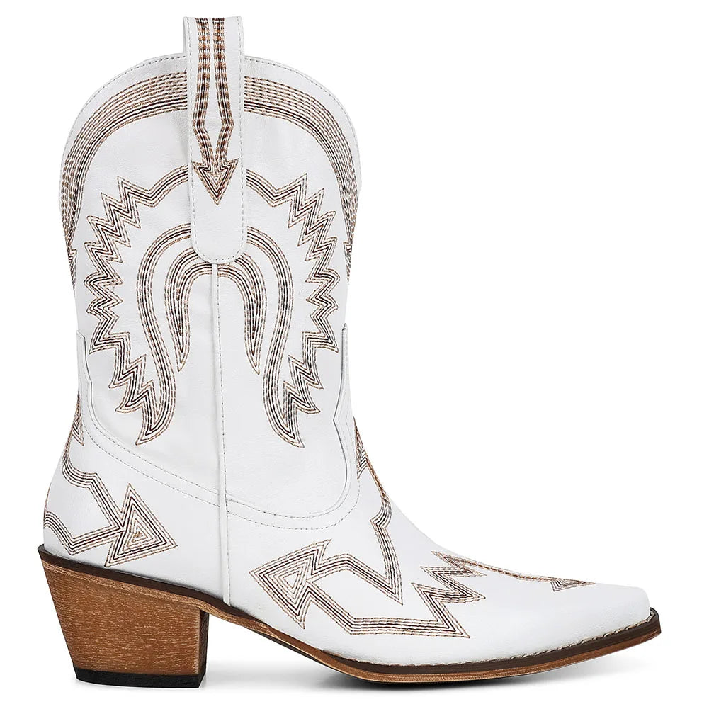 Metallic Cowboy Boots Embroider Pointed Toe Chunky High Heels Pull On Vintage Wide Calf