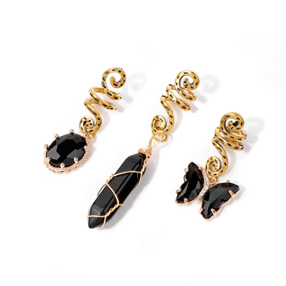 3pcs/set Crystal Hair Jewelry For Women Hexagonal Column Butterfly Charm Dreadlock Headwear Dangle Dreadlock Hair Accessories