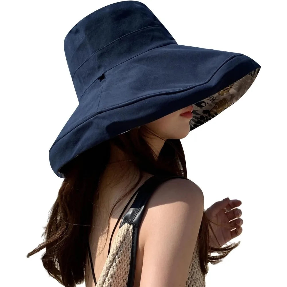 Women Wide Brim Summer Sun Hat Wired Edge Beach Bucket Fishing Hats Reversible Foldable Travel UV Protection