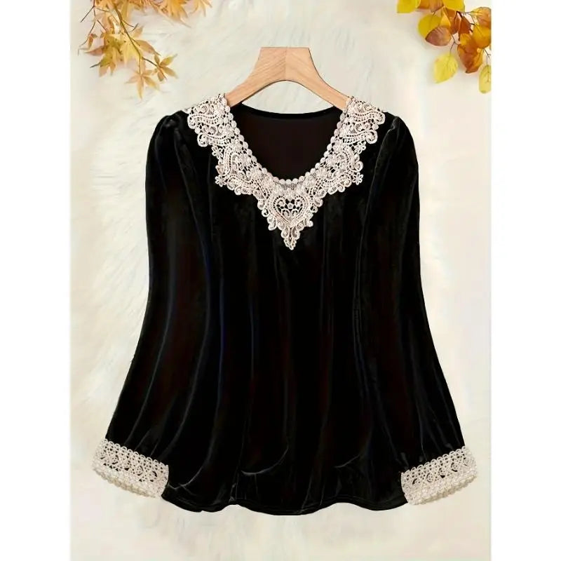 Contrast Lace Crew Neck Top  Casual Long Sleeve Top for Spring & Fall  Women's Plus Size Clothing