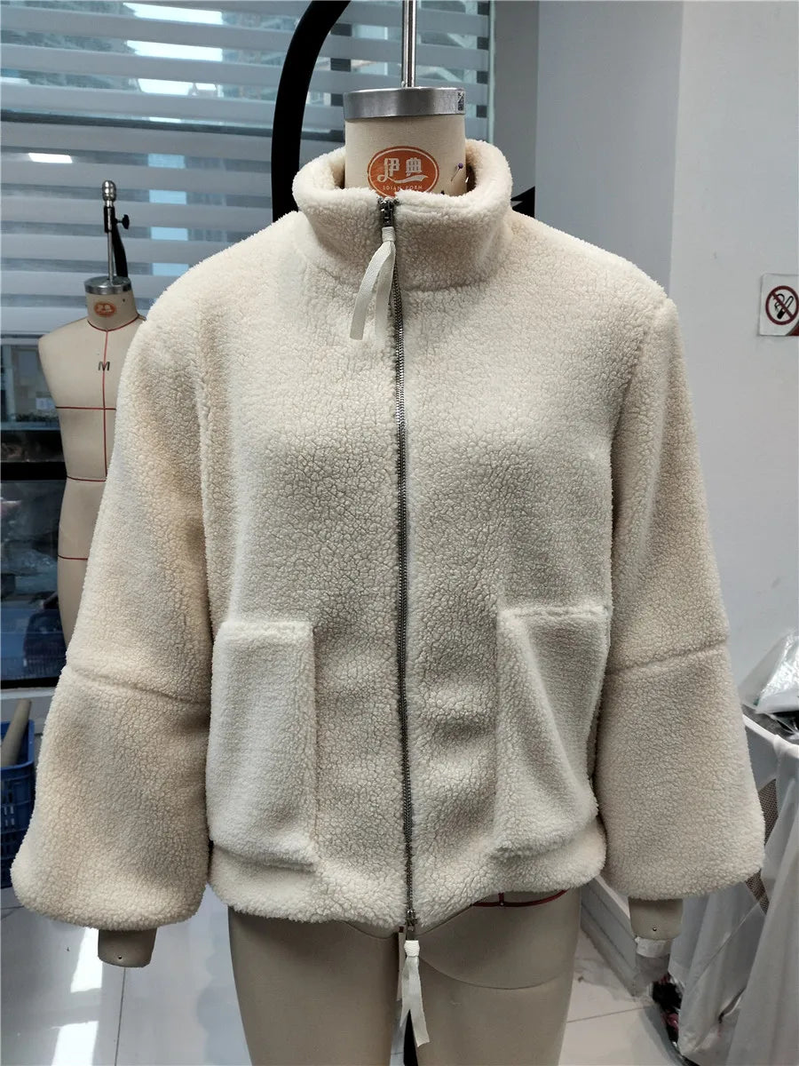 Warm Fleece Coat Casual Thick Stand Collar Long Sleeve Zip Up Wool Jacket