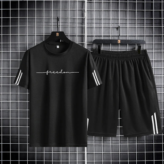 【 M-5XL 】 Summer men's set  quick drying breathable mesh short sleeved T-shirt and shorts two-piece running sports set