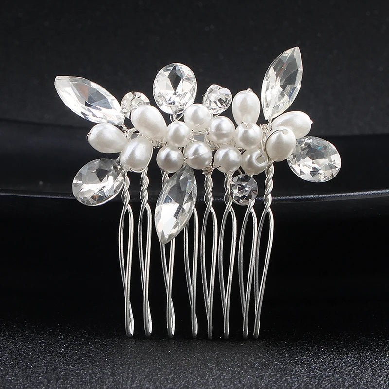 Silver Alloy Hair Comb Handmade Pearls Rhinestones Fashion Metal Headpiece Elegant Hair Jewelery Accessory For Women