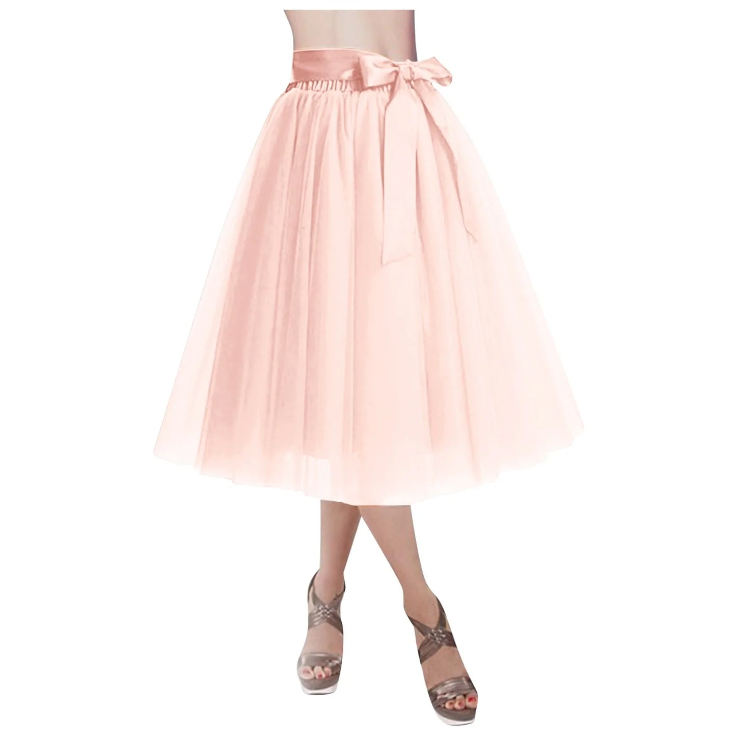 Women's Knee Length Mesh  Skirt Solid Color Elegant Elastic High Waist A-Line Petticoat