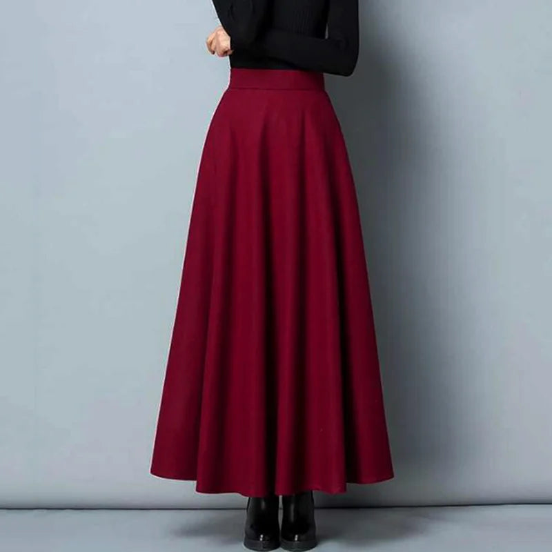 Long Woolen High Waist  A Line Thick Warm Pocket Maxi Skirt