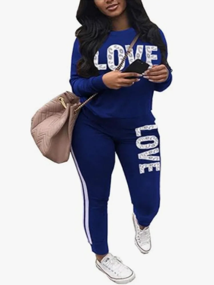 Women Two Piece  Round Neck Pullover Top with Long Pants Casual Outfit