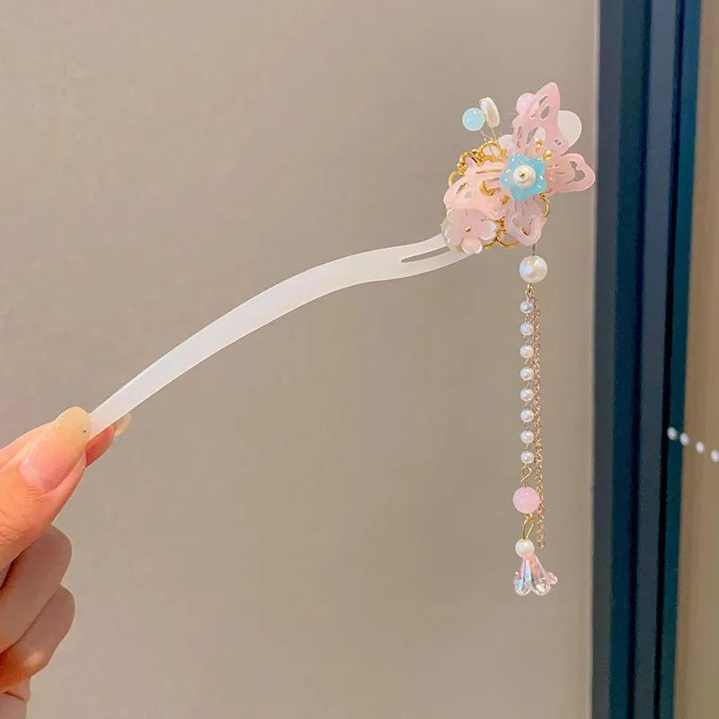 Elegant Chinese Style Hair Accessory Romantic Enameled Flower Tassel Hair Pin Alloy Jewelry Hairpin For Women Fashion Hairpin