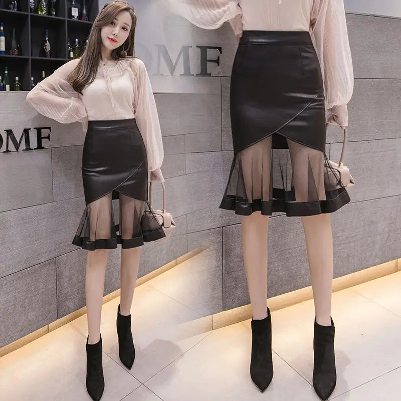 High Waist Gauze Patchwork Office A-line Midi  Leather Fishtail Skirt
