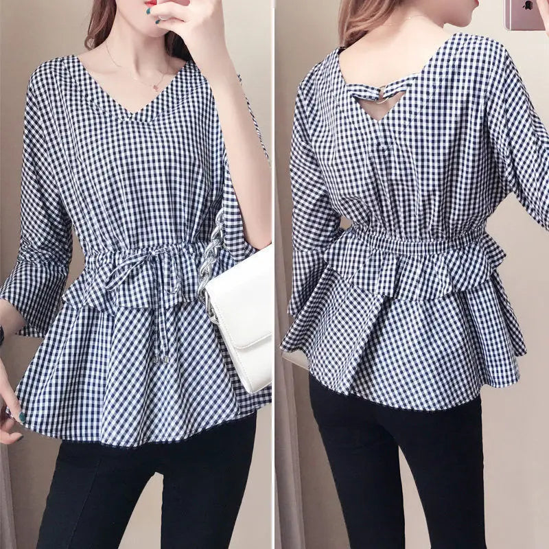 Lacing Plaid Blouse