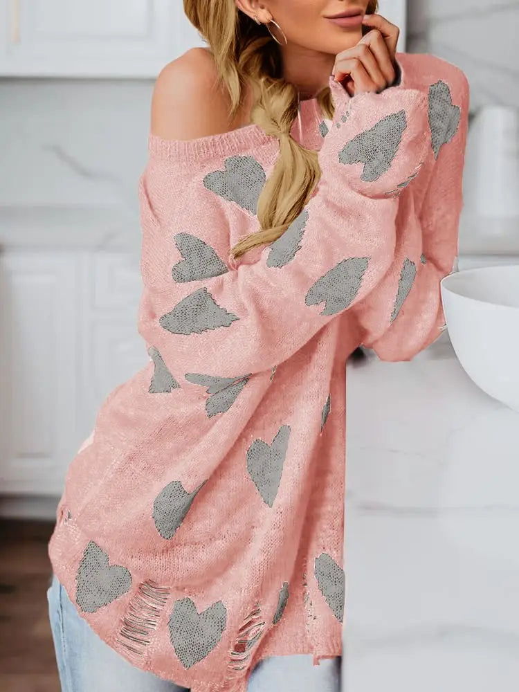 Women's  Heart Print Knitted Sweaters Soft Oversized Off The Shoulder Loose Knitted Valentine Pullover