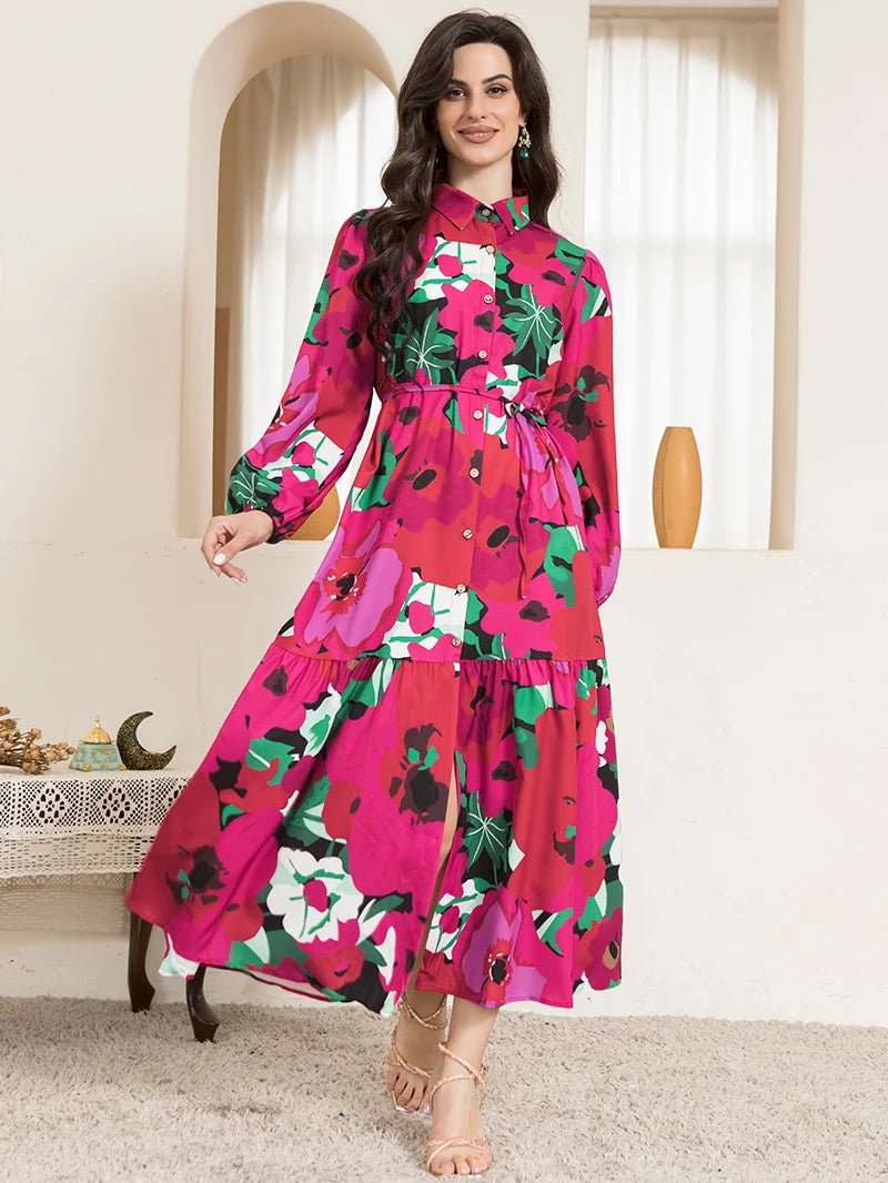 Pointed Collar Long Sleeve Button Belted Floral Print Maxi Dress in Rose Pink