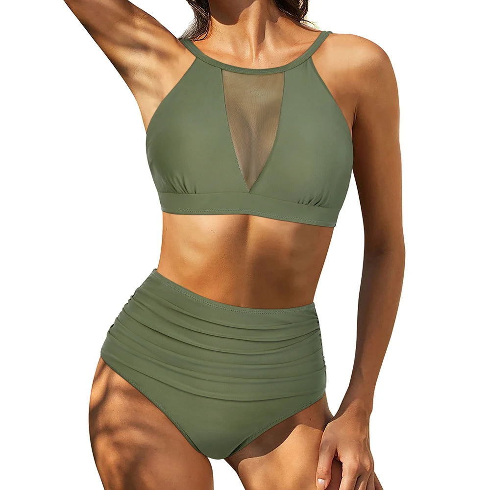 Print High-Waist Bikini Sets Swimsuit Women Sexy Lace Up Hollow Out Two Pieces Swimwear Beach Bathing Suits Women