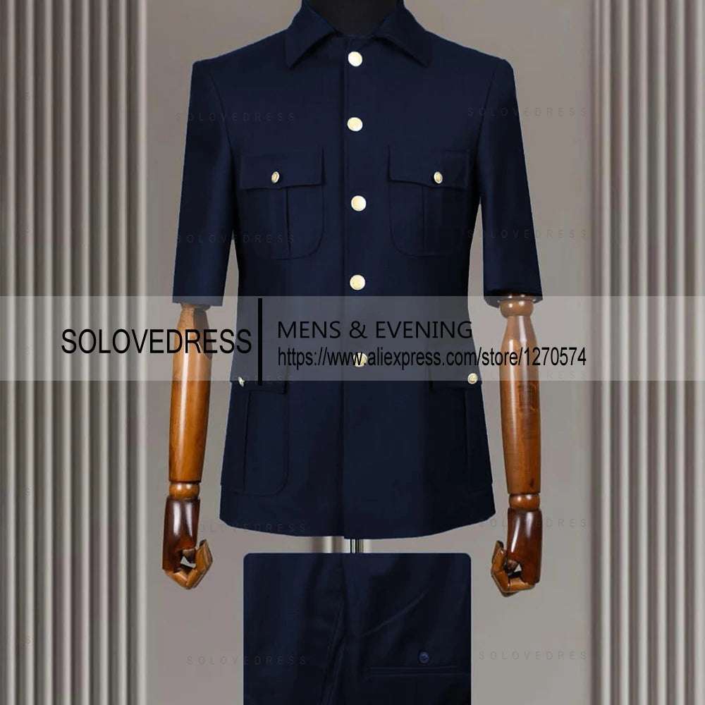 2 Piece Lapel  Short Sleeves with 4 Real Pockets Single Breasted Slim Fit Summer Suits