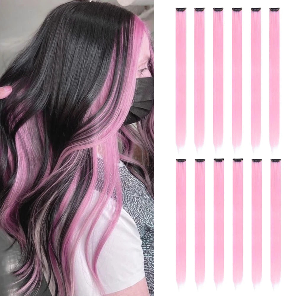 22 inches12pcs/pack Colored Party Synthetic Clip in Hair Extensions  Multi-colors Straight Hair Synthetic Hairpieces