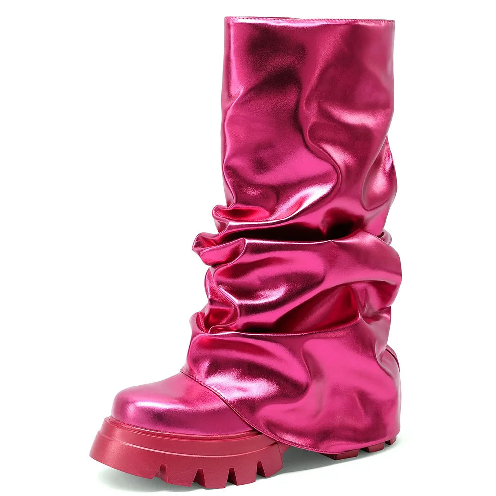 Fold Over Slouchy Shark Boots Fashion Pleated Chunky High Heels Round Toe Platform Pull On Knee High Boots