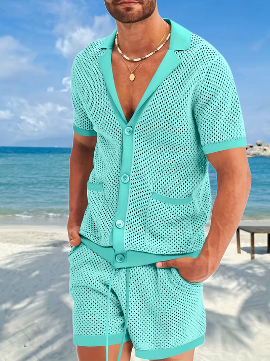 2-Piece Summer Outfit for Men - Breathable Mesh Shirt with Lapel Collar and Button Details, Matching Semi-Transparent Shorts with pockets