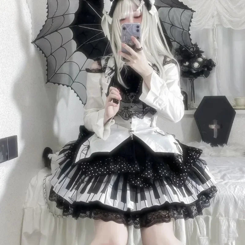 Piano Key Wave Dot Lace Skirt Gothic