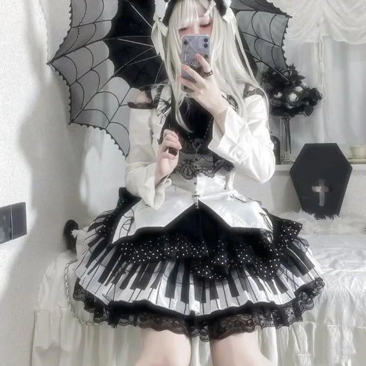 Piano Key Wave Dot Lace Skirt Gothic
