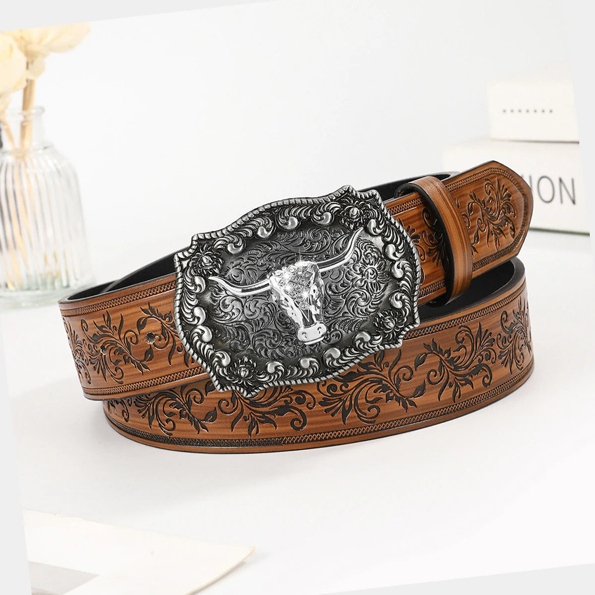 Vintage Turquoise Buckle Belt Classic Embossed Western Faux Leather Belt Vintage Denim Cowgirl Jeans Pants Belt for Women Daily