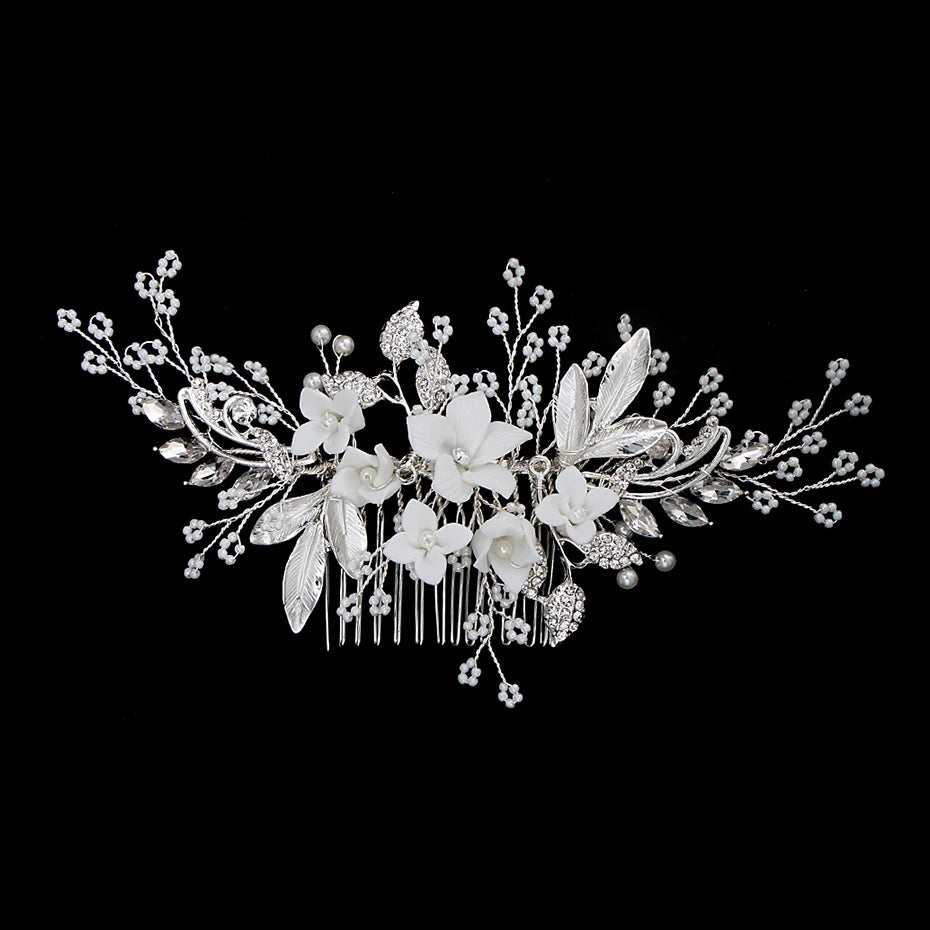 Silver Color Rhinestone Hair Comb Pearl Crystal Hair Accessories Ornament Prom Bridal Flower Headpiece Jewelry