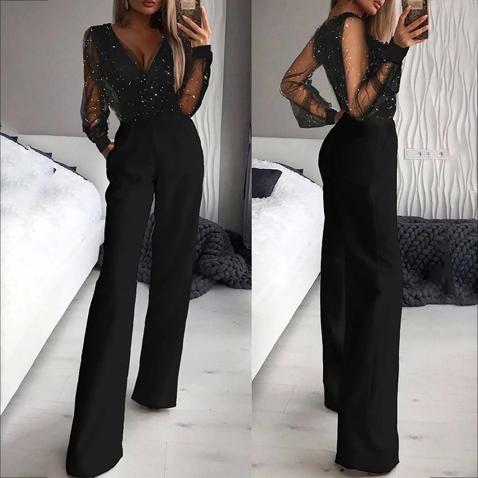 Women's Strapless Jumpsuit Casual Fashion Women's Solid Color Long Sleeved Pants Summer Woman Fluid Pants Chiffon Jumpsuit