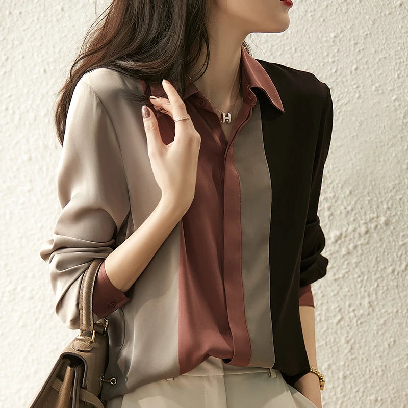 Women Satin Button Blouse Autumn Vintage Long Sleeve Polo Collar Women Shirt Elegant Loose Tops