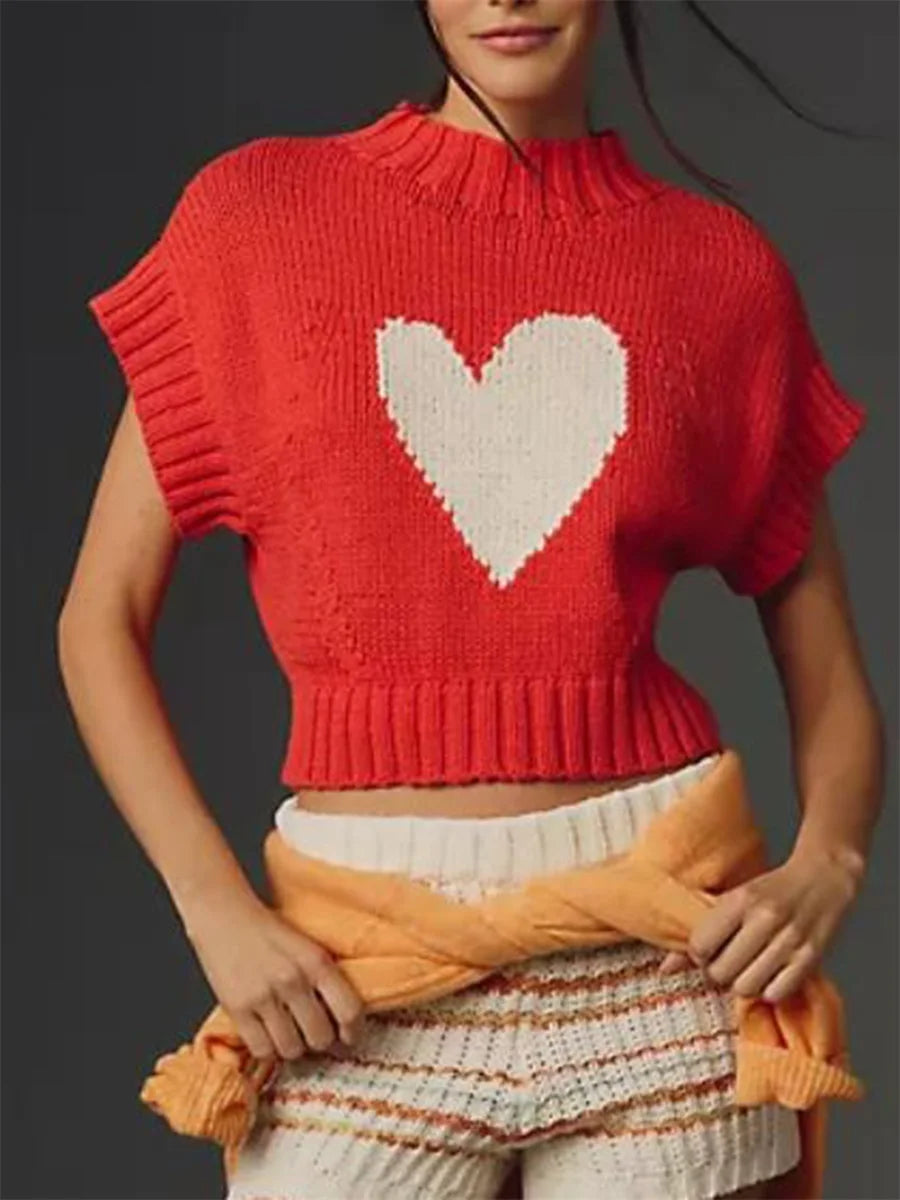 Women s Sleeveless Sweater Vest Heart Patterned O-Neck Knit Top Chic Street Style for Work or Weekend Outings