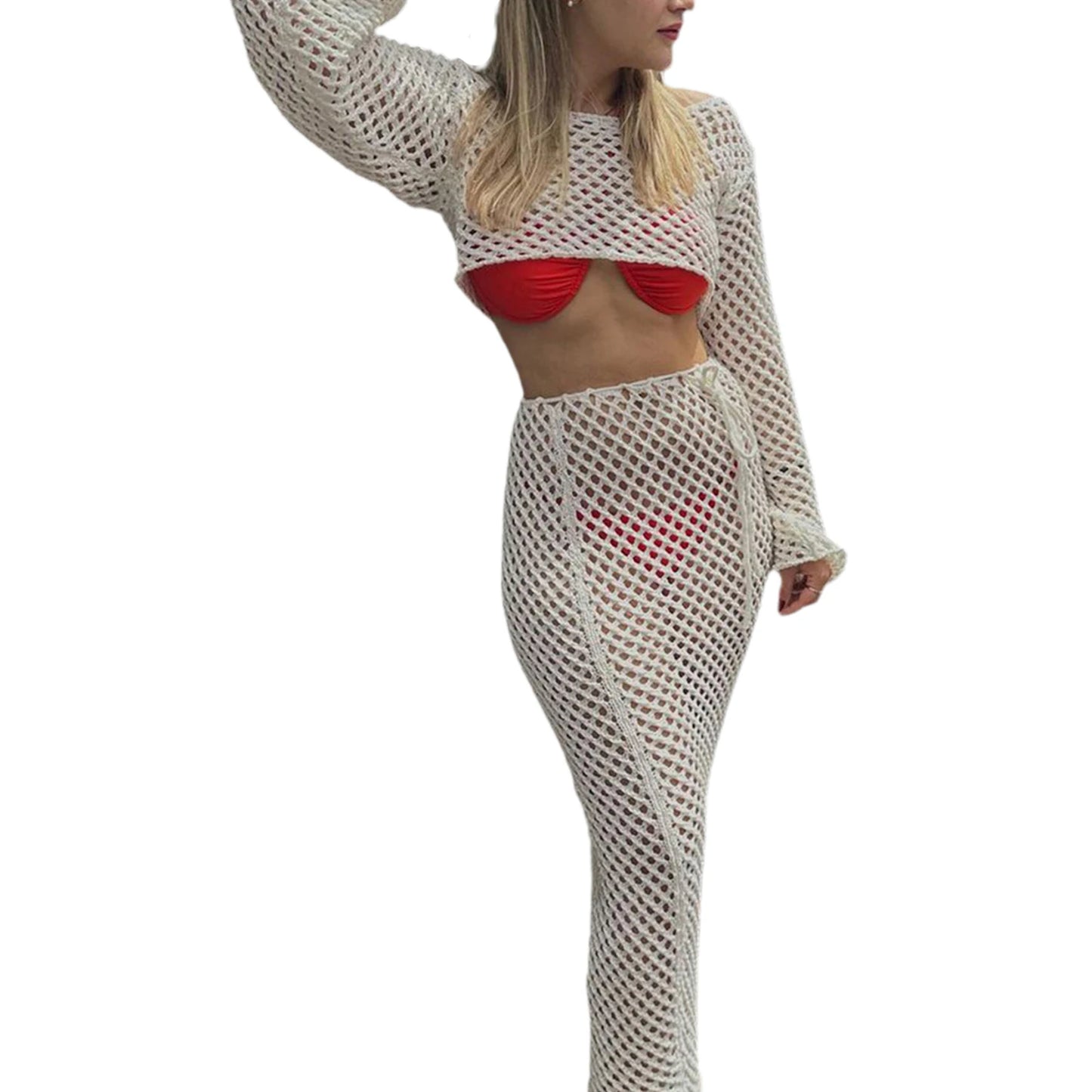 Women s Boho Style Crochet Bikini Cover Up Set  Knit Crop Top with Matching Long Skirt for Beachwear and Pool