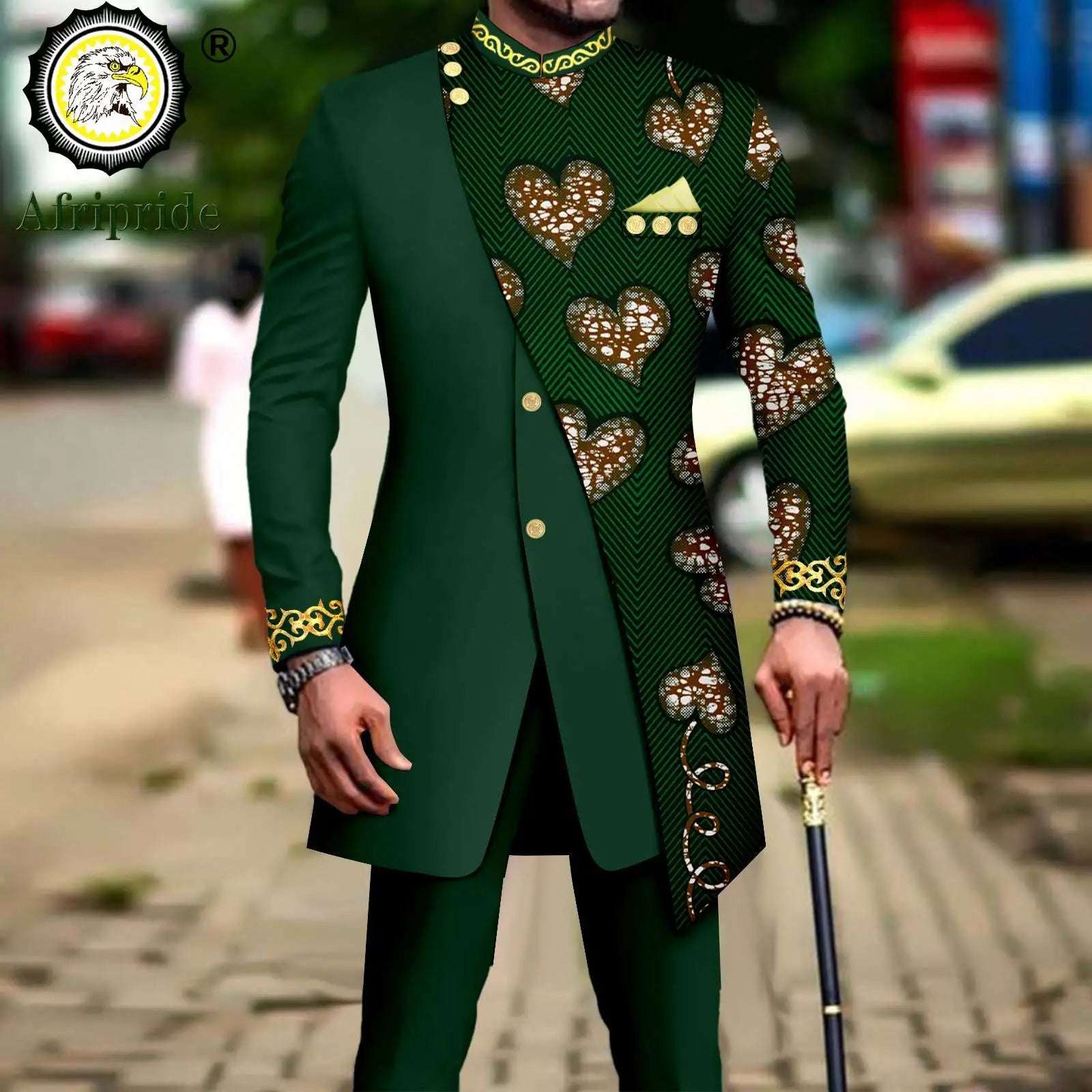 African Style Suits for Men Embroidery Print Blazer and Pants Set Business Dress Suit with Kerchief Party Wedding Evening