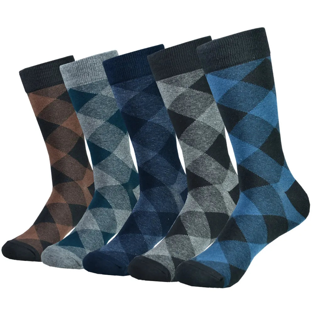 5pairs Mens Cotton Dress Black Argyle Pattern Crew Funny Socks for Men Gifts