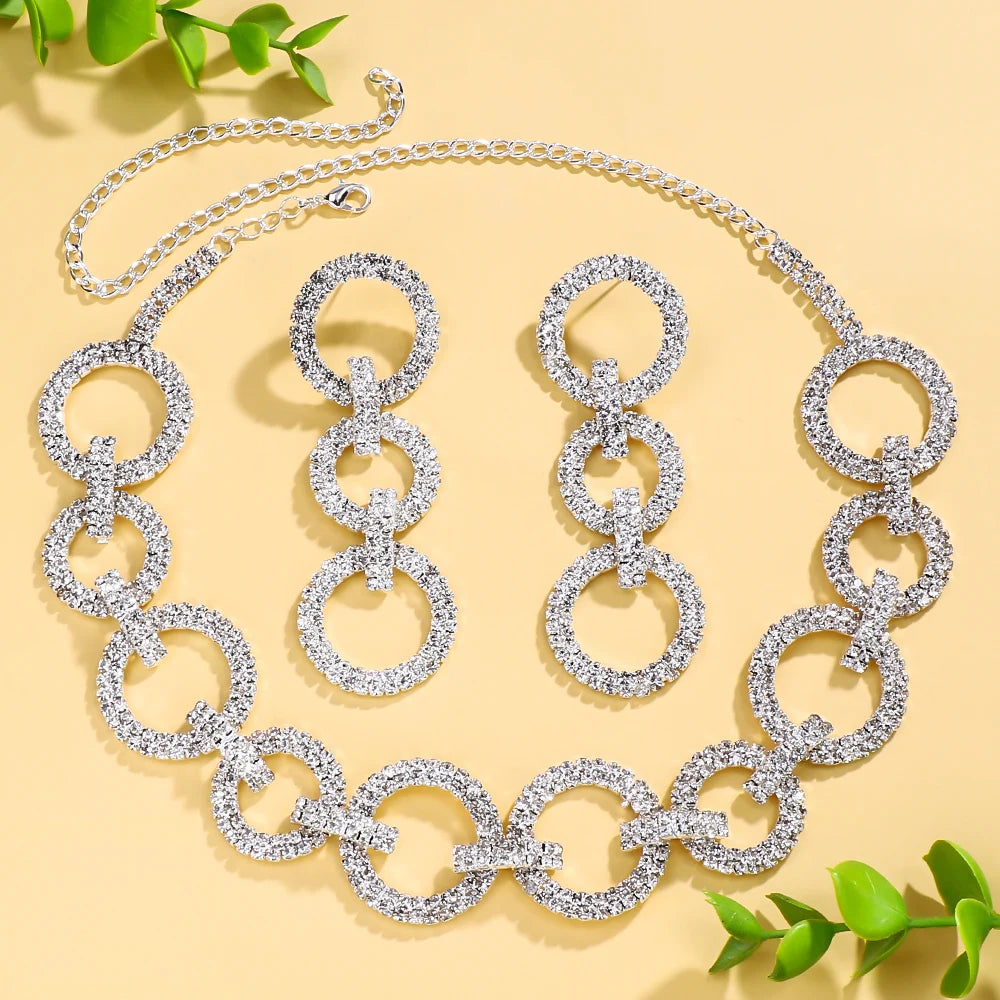 Hollow Crystal Round Necklace Earrings Set  Rhinestone  Jewelry Sets