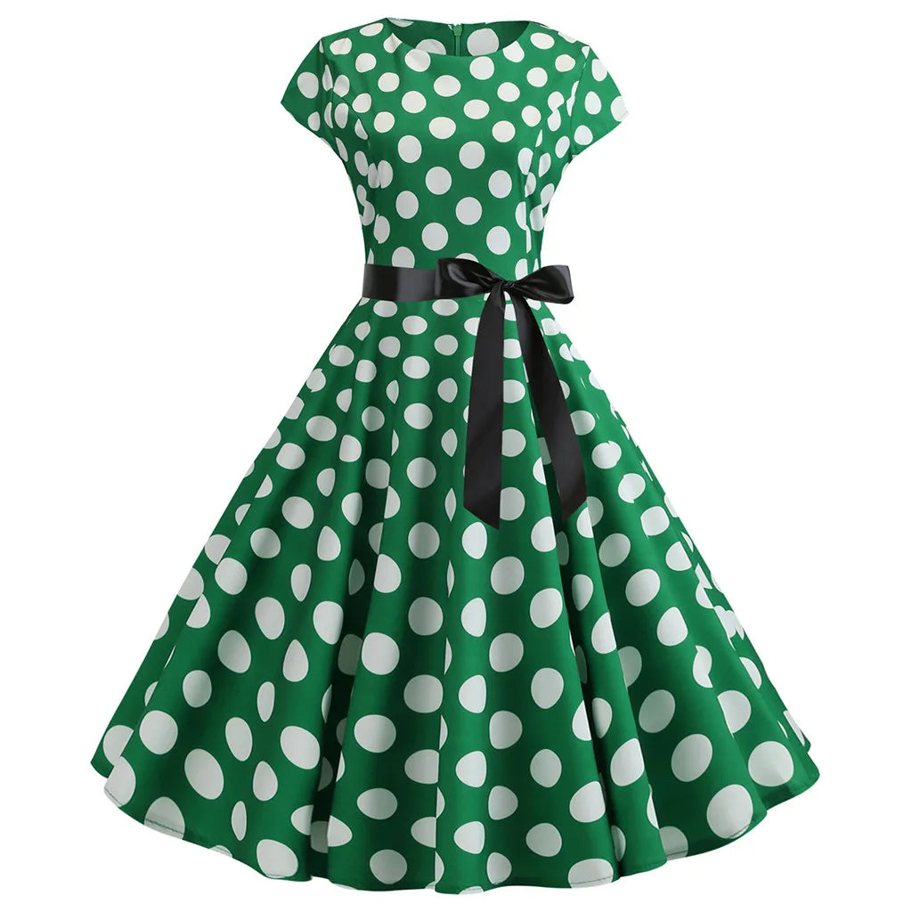 Women Vintage 1950s 60s Polka Dot Print High Waist A-line Swing Party Dress Retro Short Sleeve With Belt