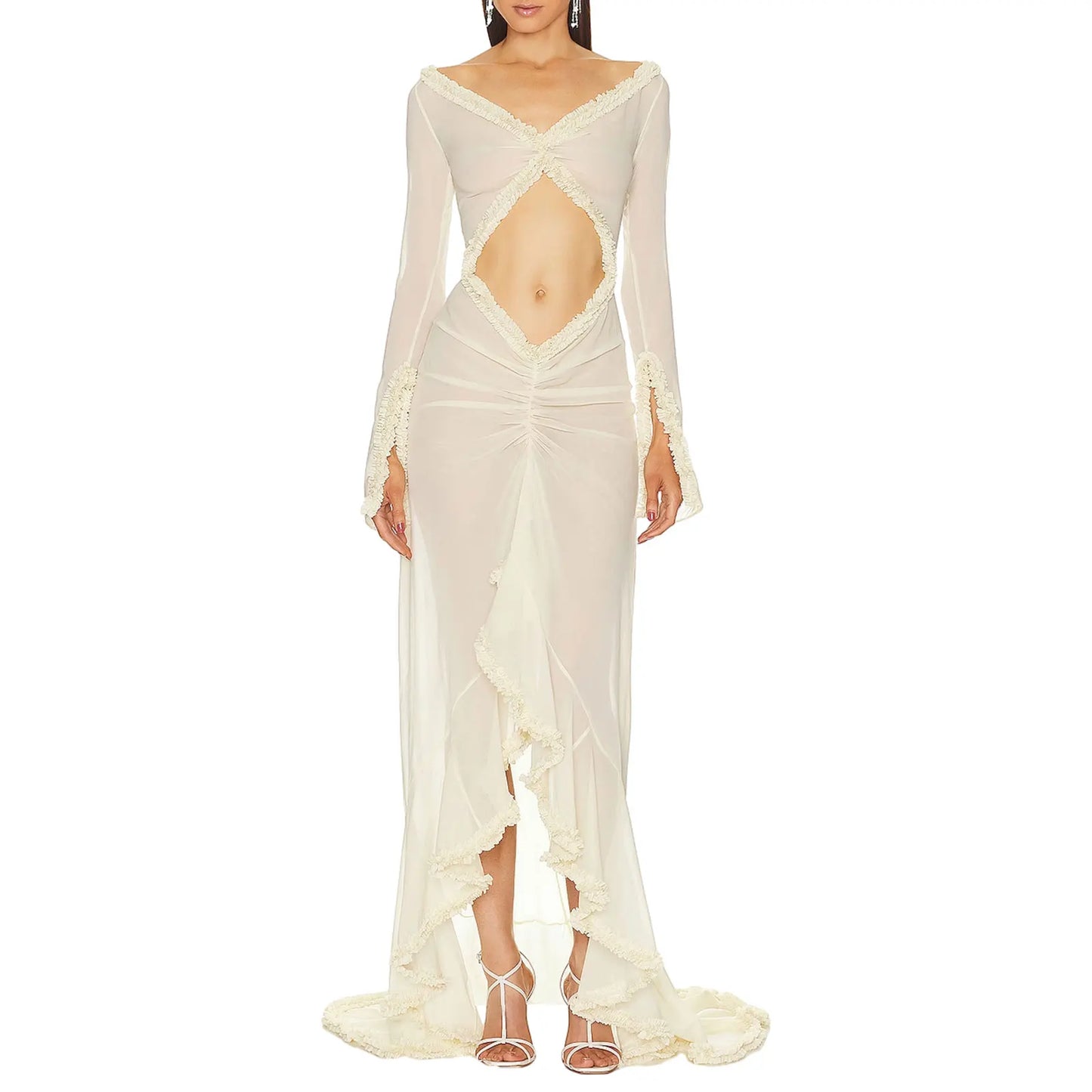 Long Sleeve V Neck Chemise Mesh Nightwear