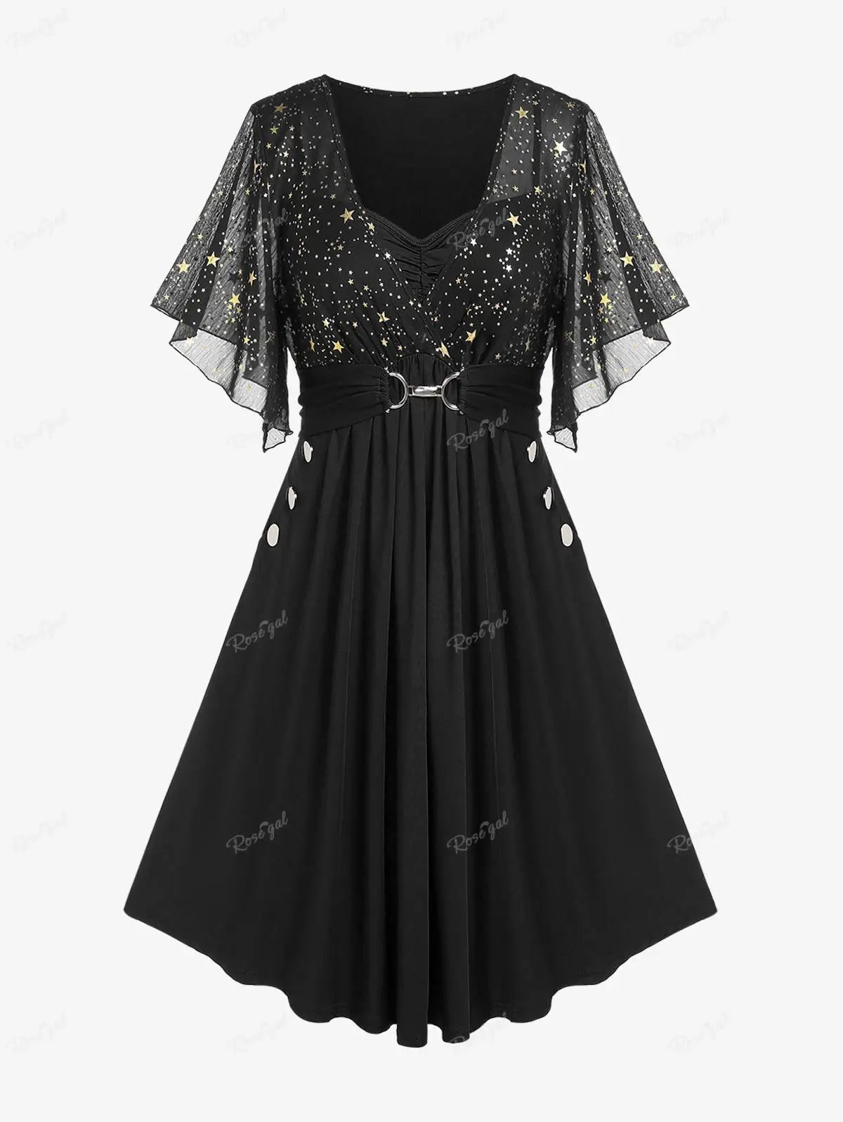 Plus Size Stars Print Buckle Button Pockets Ruched Butterfly Sleeves Dress Women Casual V-neck Collar Dresses