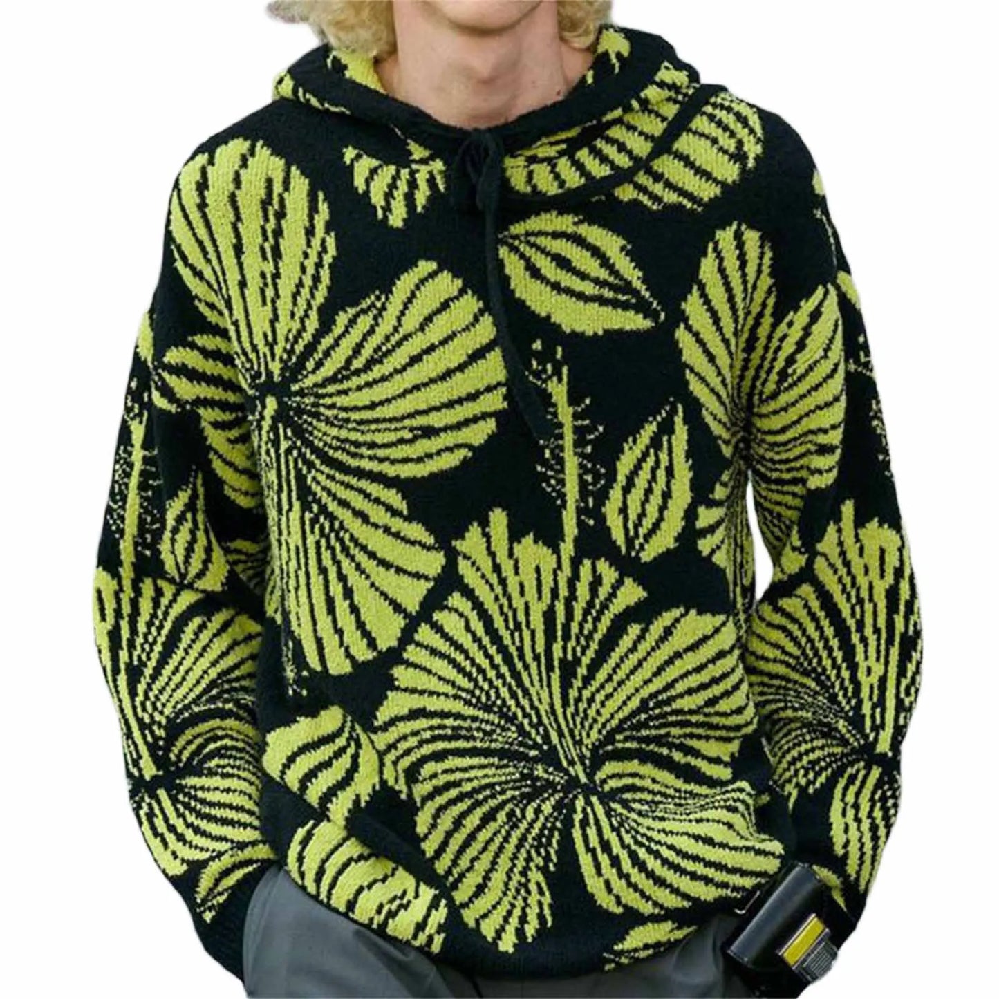Leaf Print Knitted Hoodie with Long Sleeves and Hooded Design Perfect for Casual Streetwear in Winter and Fall Seasons
