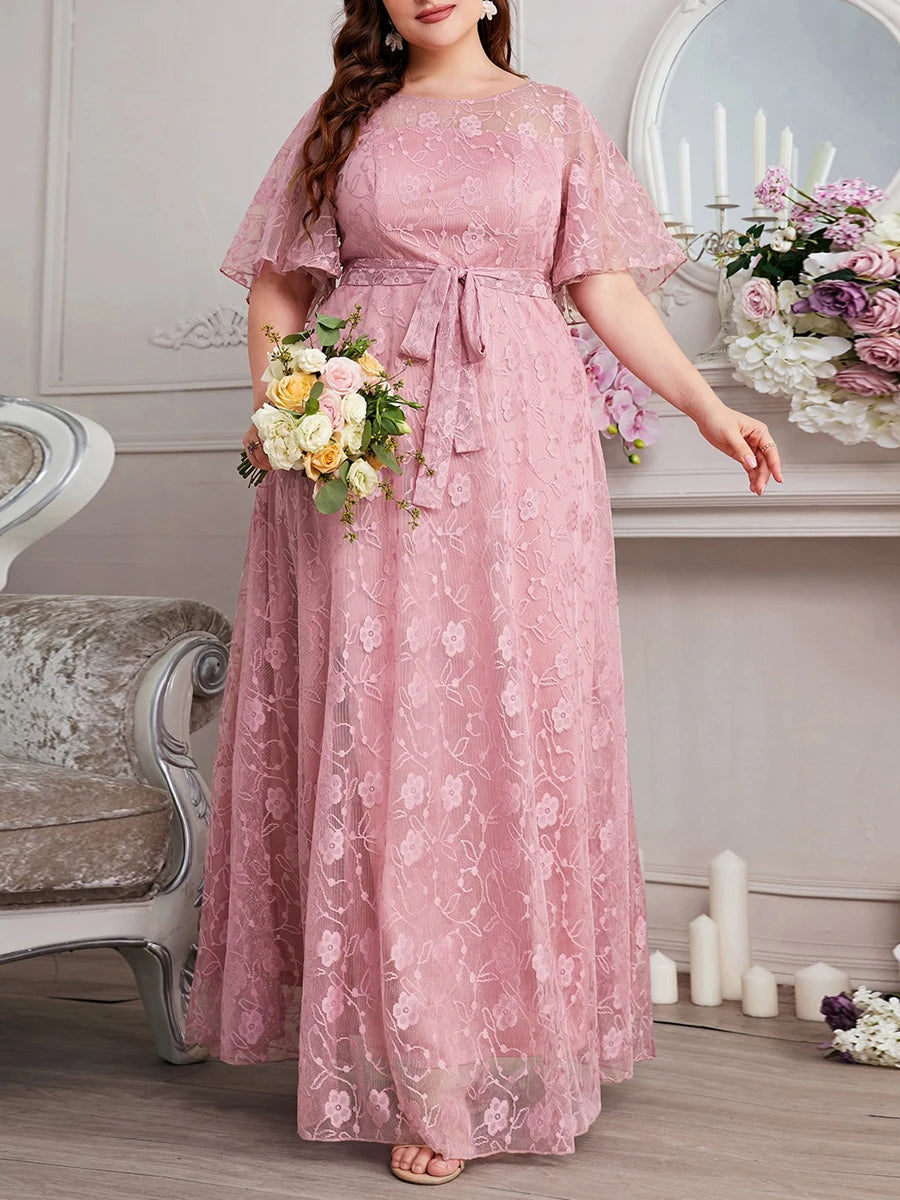 Round-Neck Short Sleeve Solid Print Maxi Dress with Belt