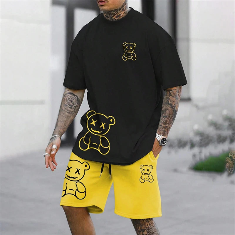 American fashion brand sports short sleeved shirt quick drying men's set summer new loose digital print set soft