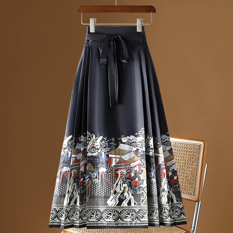 Vintage Maxi Chinese Style Horse Face Skirts  Pleated