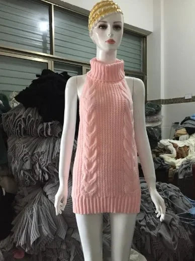 Sexy Trendy Knitted Pullover Sweater Dress for Women, Sexy Backless Apparel with Tie-up Back Design