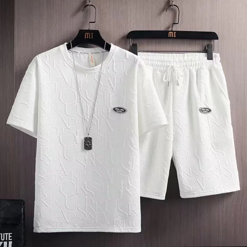Men's sets Waffle Summer Casual T shirt  + Shorts Suit basketball Tracksuit Letter print Solid color tracksuit loose suit